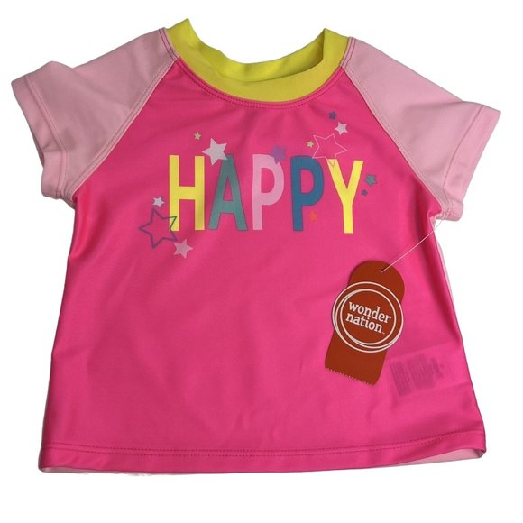 Wonder Nation Girls Baby Size 18 Months Rash Guard Swim Shirt Pink Neon Happy - Picture 10 of 12